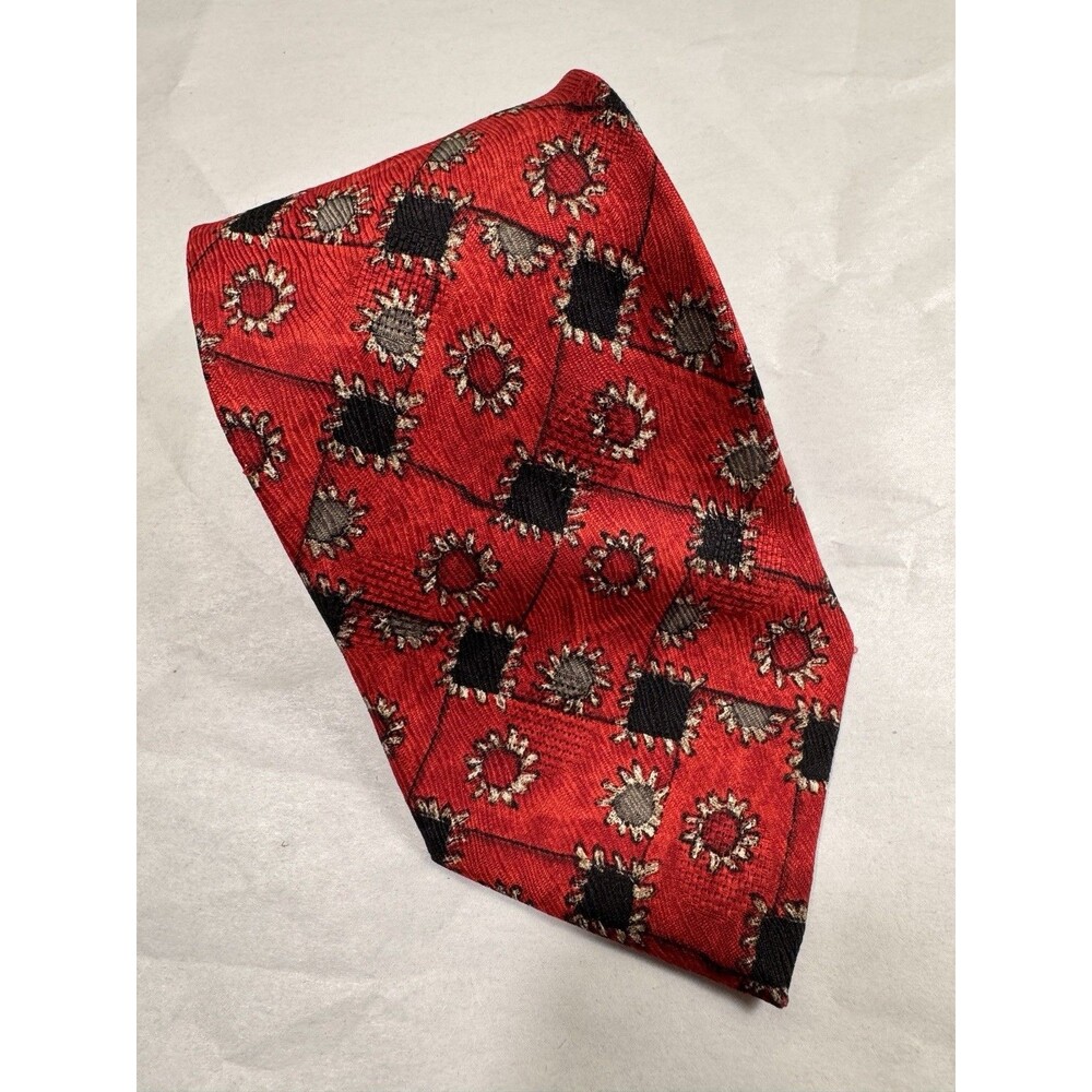 ERMENEGILDO ZEGNA Red Black Geometric 100% Silk Mens Tie Made in Italy 58"x 3.5"